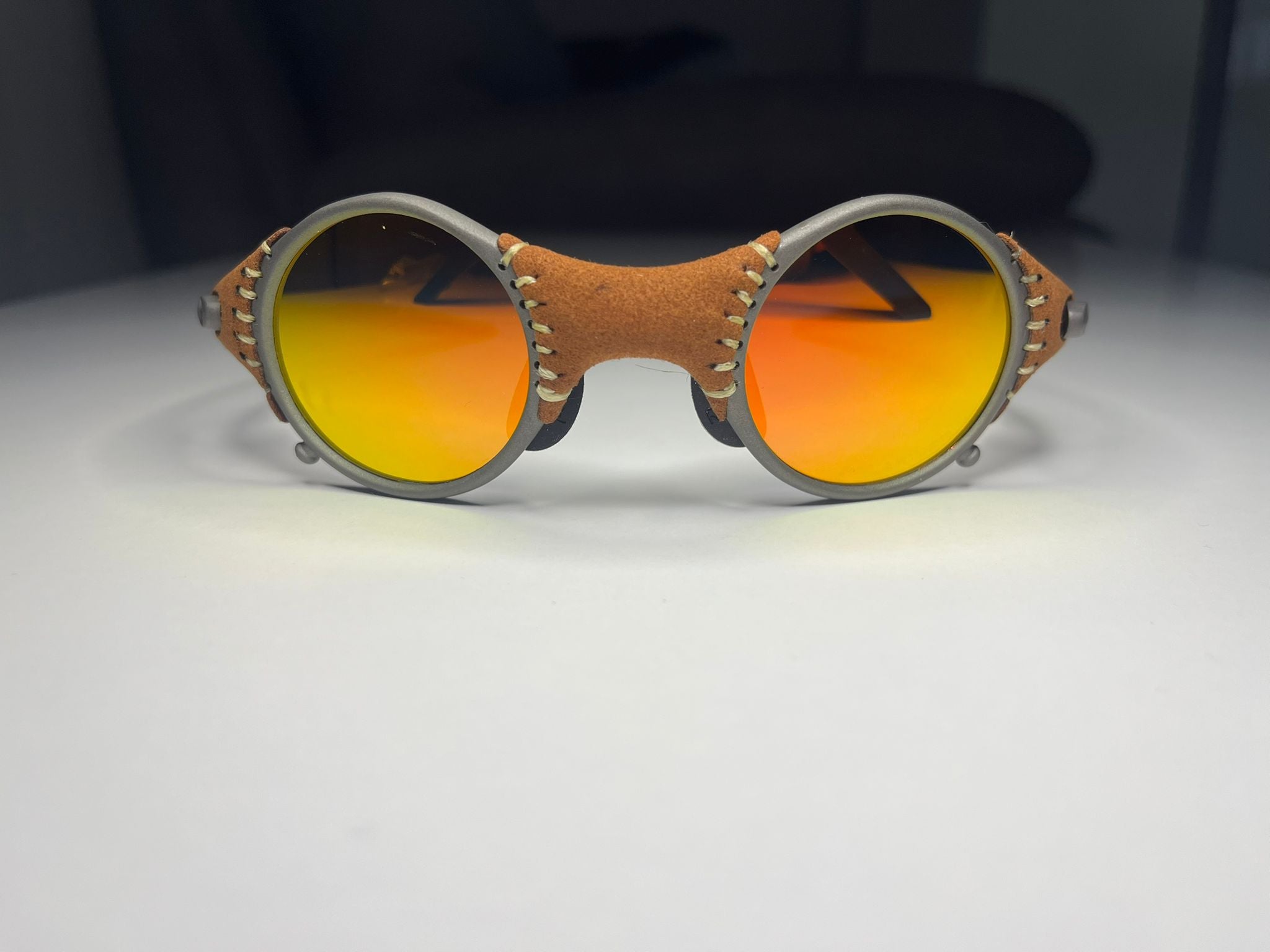 SteamPunk- Titanium/Leather Frame- Ruby Lenses- Polarized