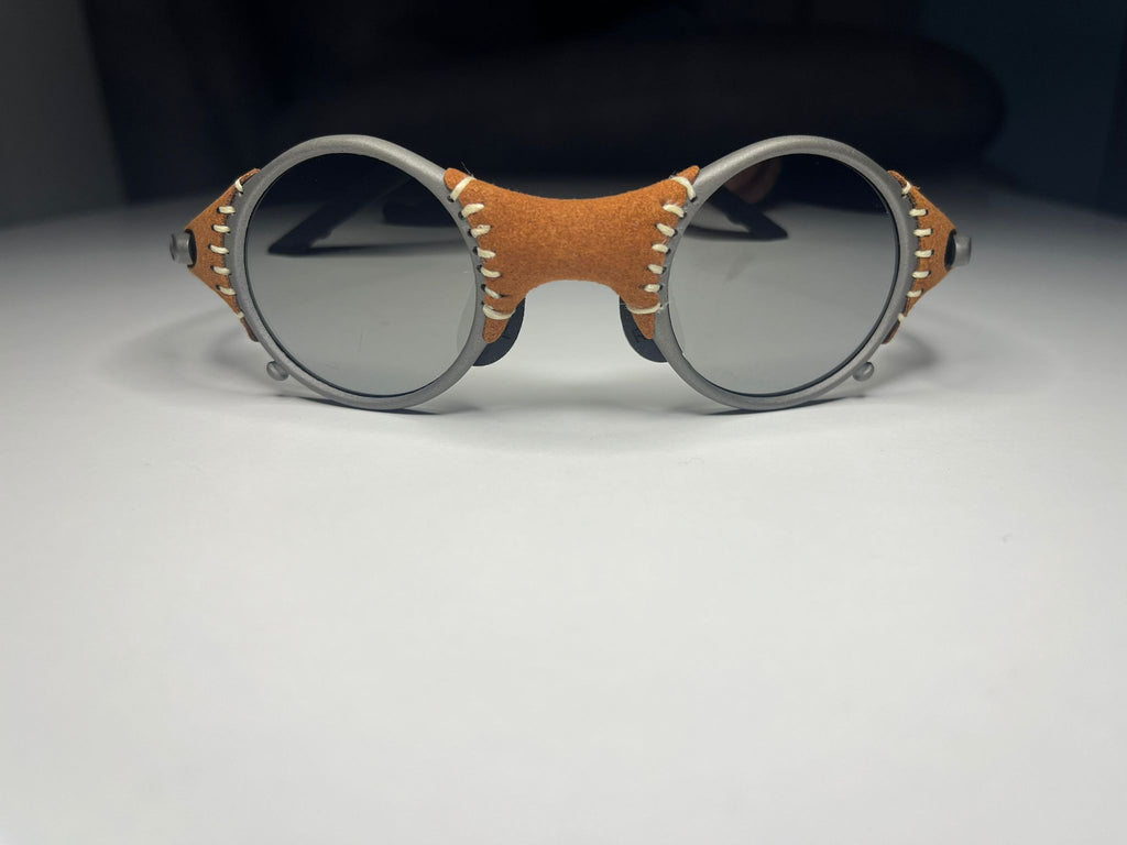 SteamPunk- Gray Frame-Wrapped Leather Cover- Mirror Lenses- Polarized