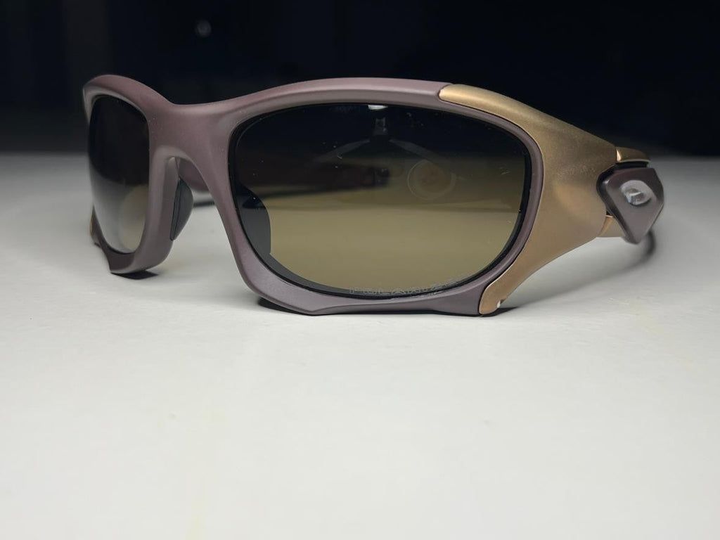 Sunglasses with a dark gradient lens on a light gray background