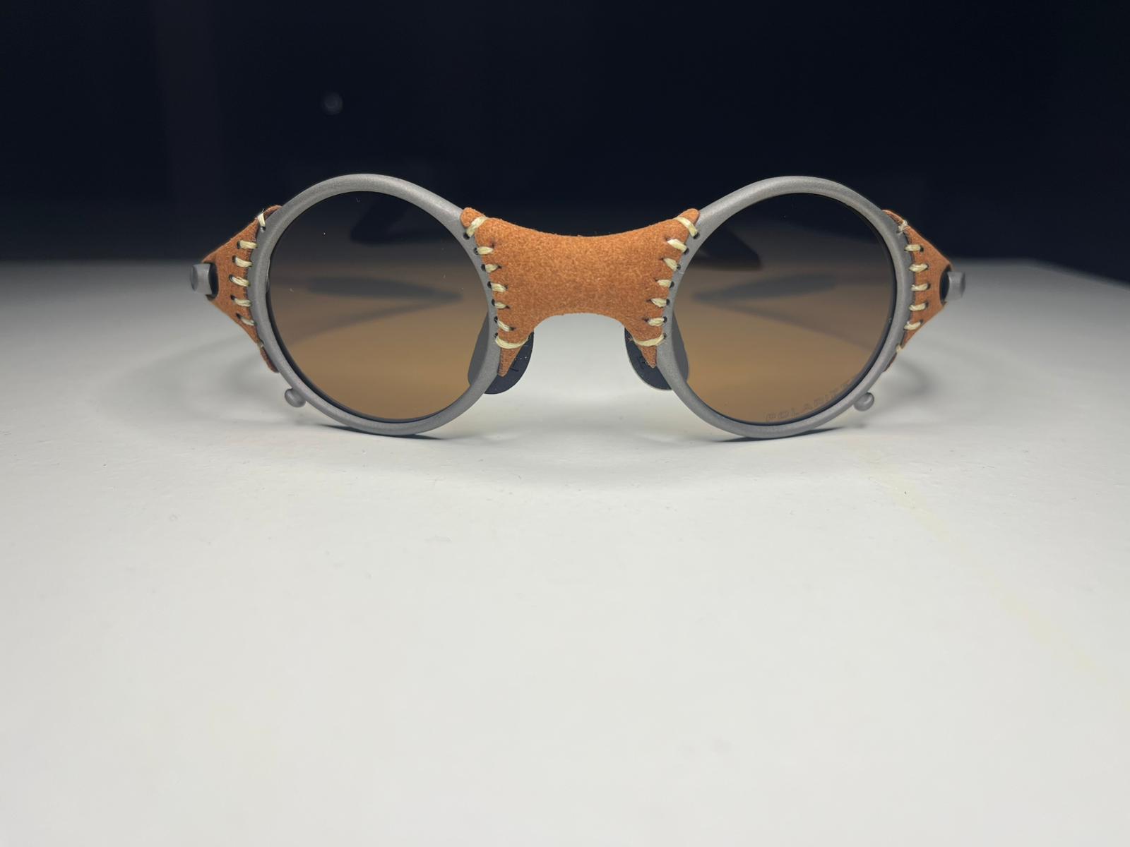 SteamPunk- Titanium Covered Leather- Matte Brown Lenses- Polarized