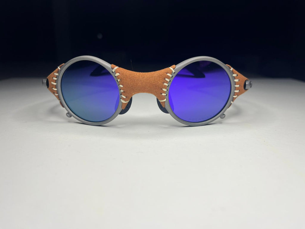 SteamPunk- Titanium Covered Leather- Metallic Blue Green Lenses- Polarized